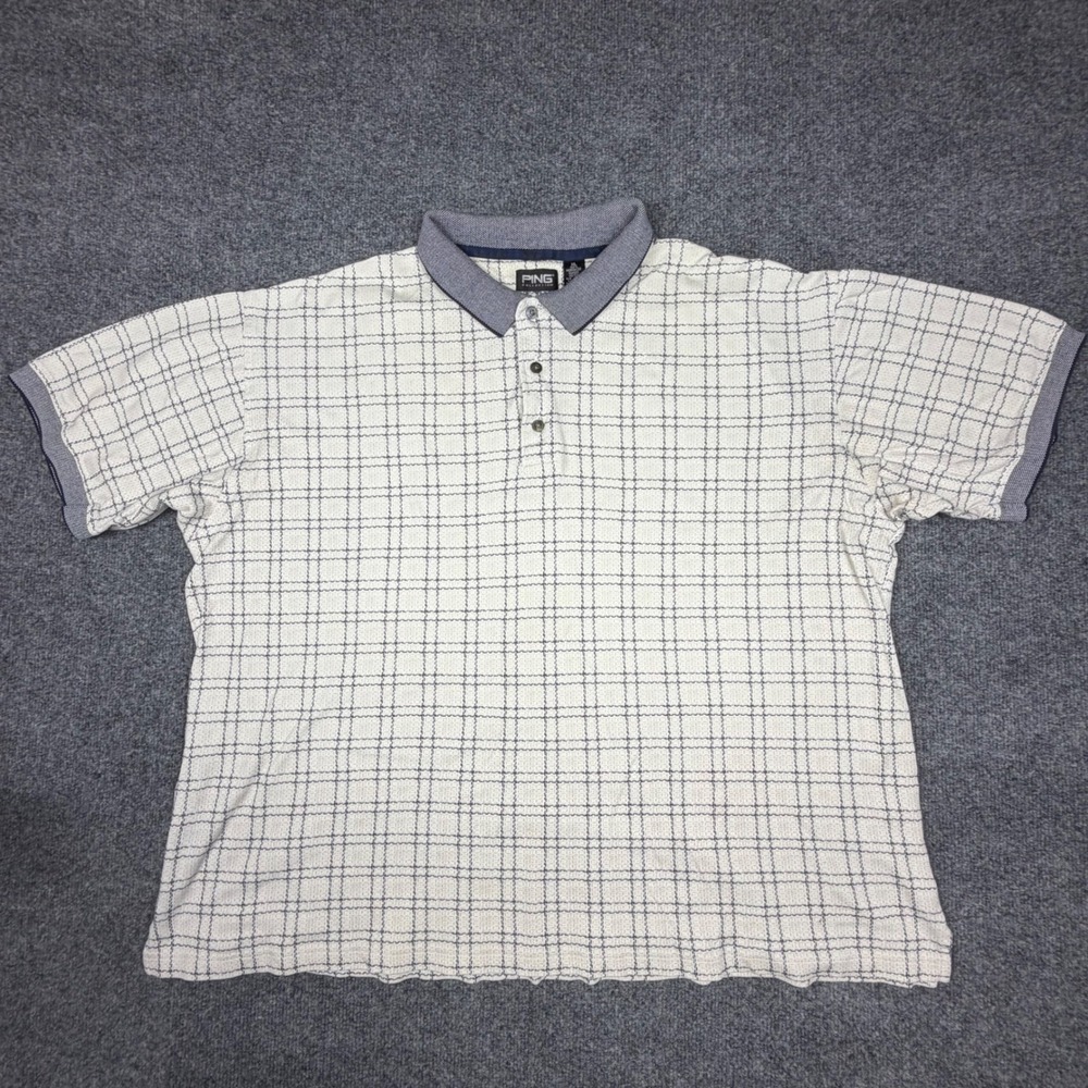 Ping Collection Mens XL Golf Polo Shirt Cream Navy Grid Pattern Textured Knit